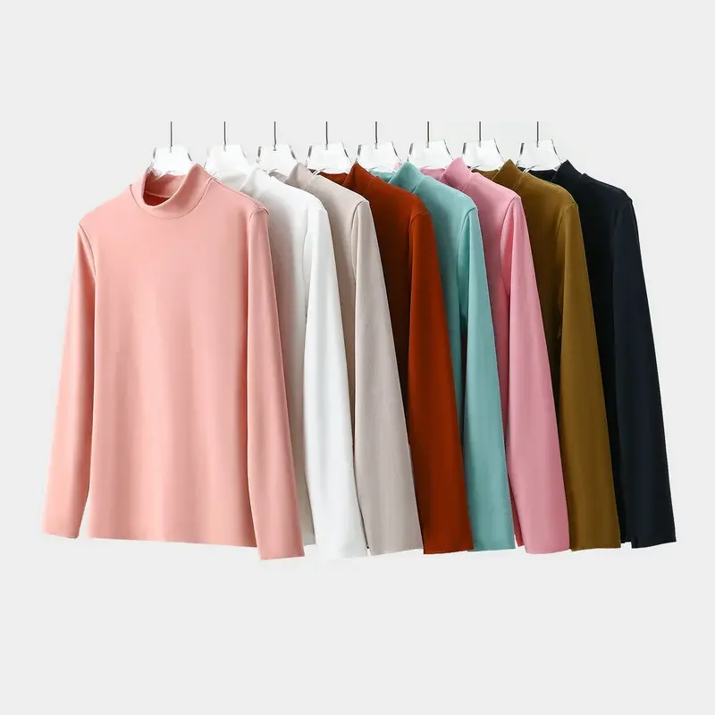 Half high Collar Dralon T-shirt Long sleeve Autumn Winter Thick warm Tshirts solid color Base undershirt self-heating Tee Tops