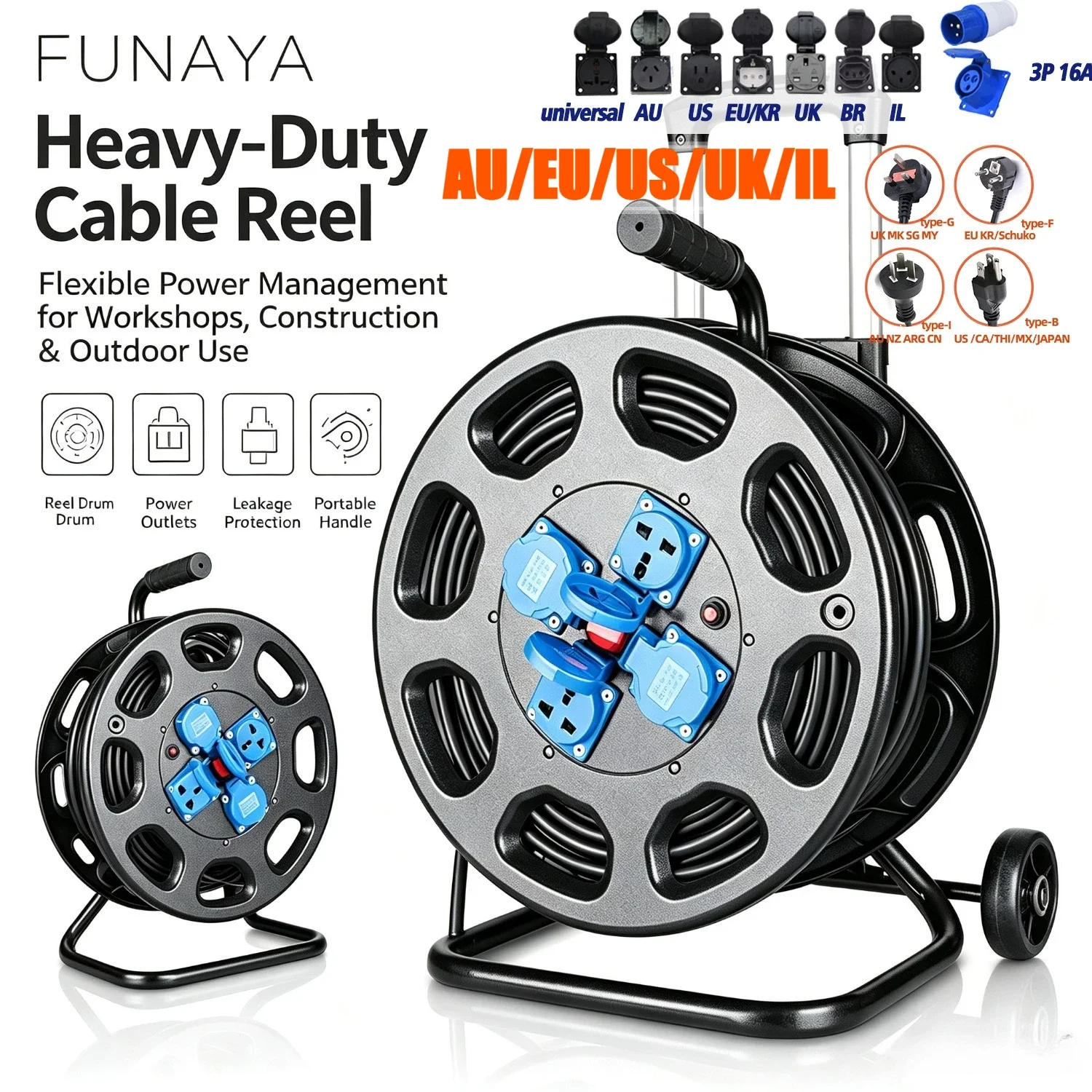 FUNAYA 30m Cable Weatherproof Wire Rewinding Spool Cable Reel IP54 Extension Cord with RCD for Industrial Use EU KR US AU UK