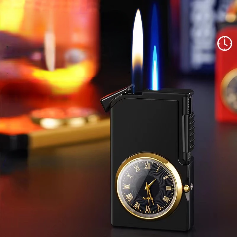 New Metal Real Watch Windproof Double Flame Inflatable Lighter Open Flame Direct Blue Flame Double Switch Ignition Gas Lighters