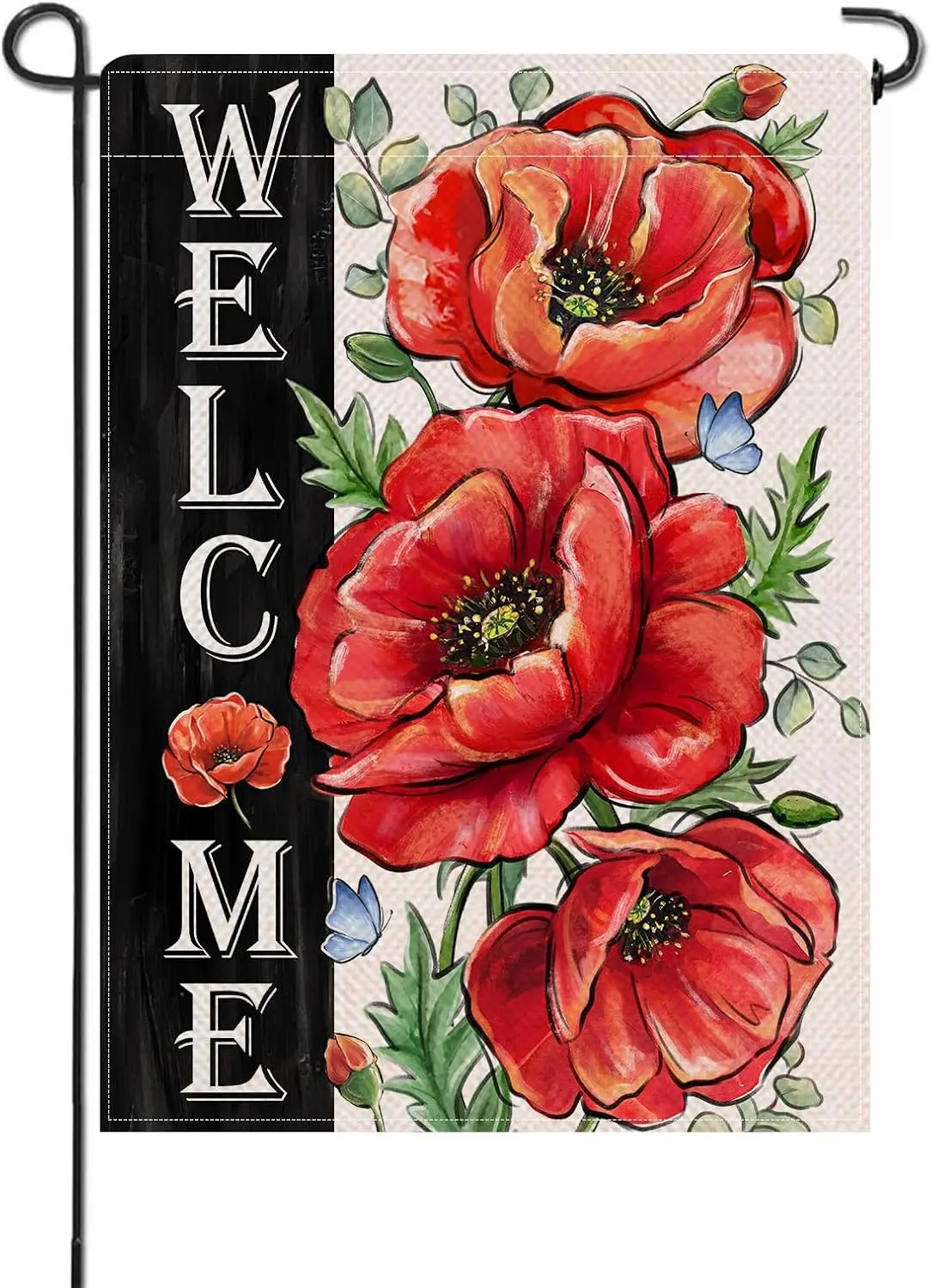 Welcome Spring Poppy Flower Small Decorative Garden Flag, Red Floral Eucalyptus Leaves Yard Lawn Outside Decor, Summer