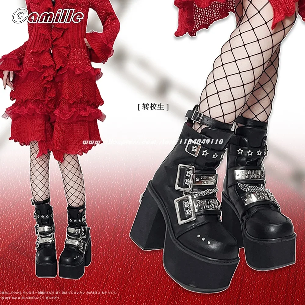 

Punk Style Belt Buckle Mid Claf Motorcycle Boots Mary Jane Mixed Color Chunky Heel Gothic Boots Matte Increase Height Boots