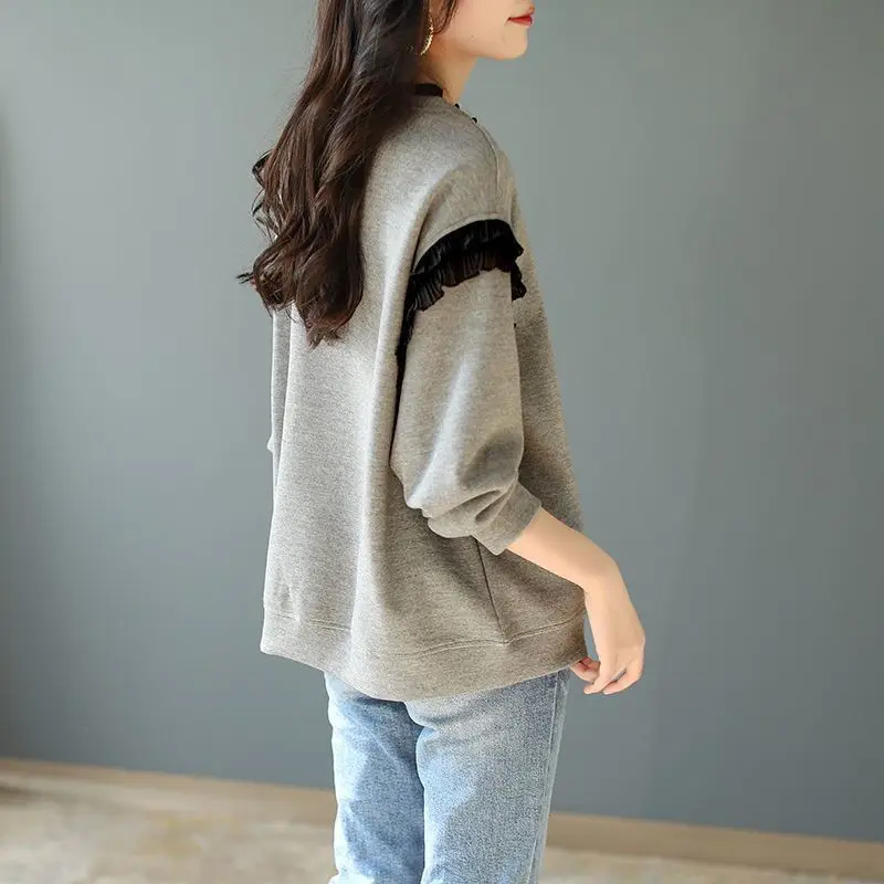 Wood Ear Edge Letter Autumn New Hot Diamond Top 2023 Loose Classic Fashion All-match Slim Casual Grey Sweatshirts Women