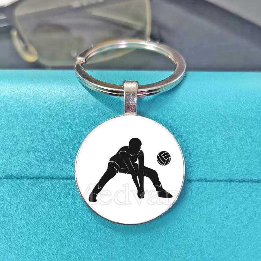 Trendy Volleyball Sports Themed Glass Keychain Clear I Love Volleyball Letter Print With Athlete Silhouette Pendant Key Holder