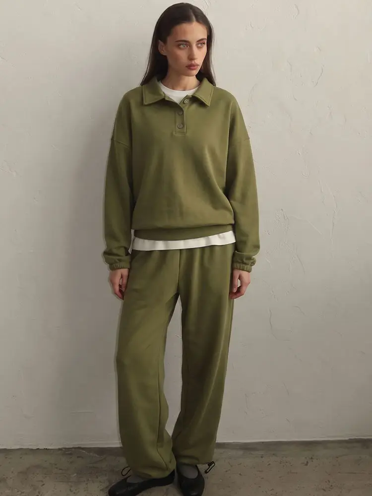 Damen-Hosenanzug 2-teilig Polokragen Langarm-Sweatshirt Pullover Elastische Taille Hose Streetwear Einfarbiger Oversize-Trainingsanzug – Detail 19
