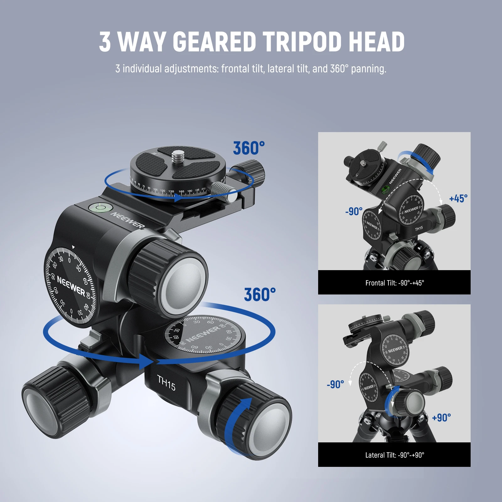 NEEWER 3 Way Geared Tripod Head with 360° Panoramic Arca QR Plate Millimeter Micro Adjustment Aluminum Alloy 3 Axis Head