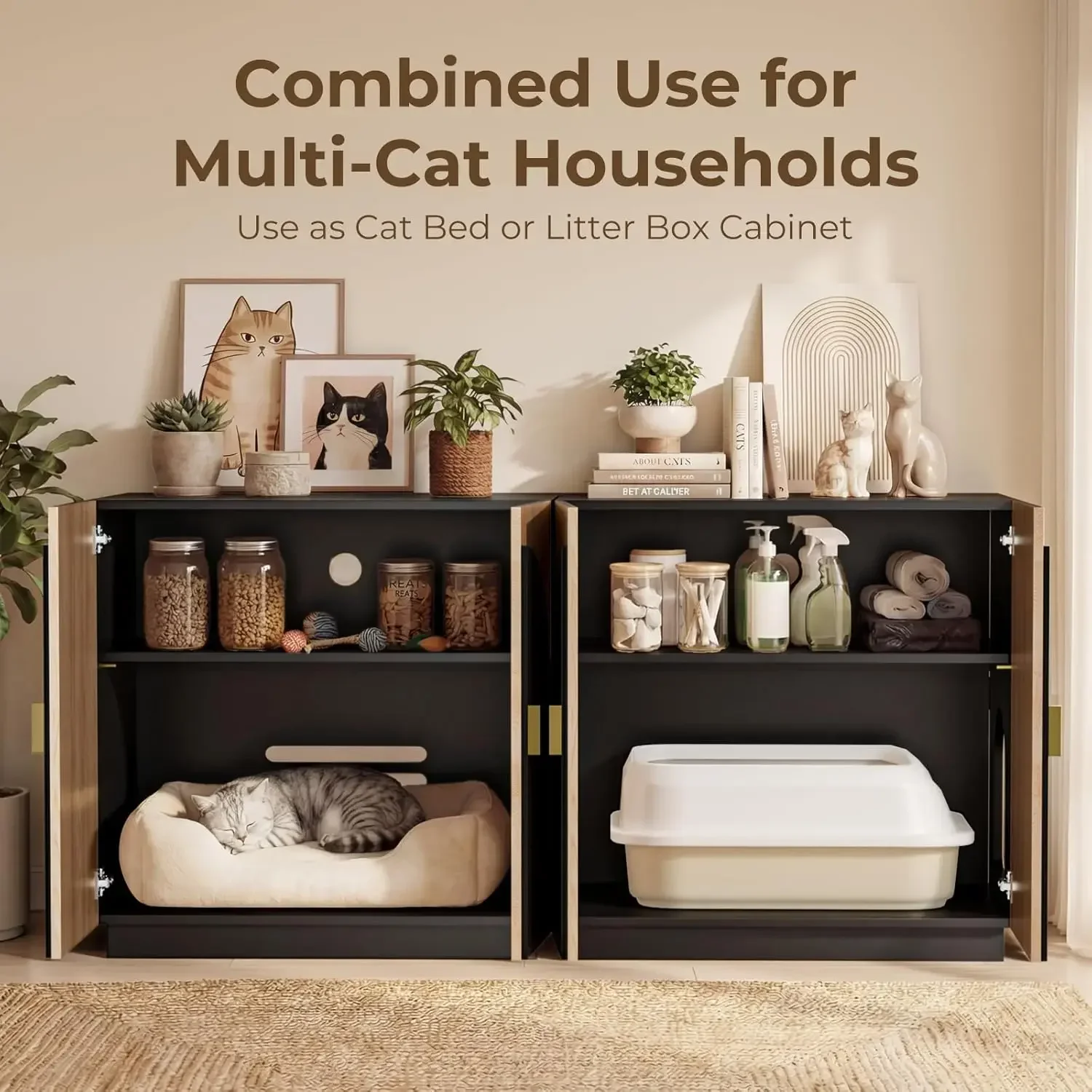 Large Litter Box Enclosure, Fluted Hidden Cat Litter Box Cabinet with Storage, Symmetrical Curved Accent Sideboard Furniture (Bl