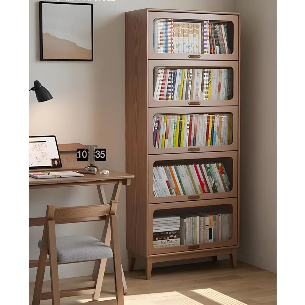 خزانة كتب ورف كتب مع أرفف مفتوحة من 3 طبقات، وخزانة كتب طويلة وخزانة تخزين طويلة لغرفة المعيشة في المكتب المنزلي