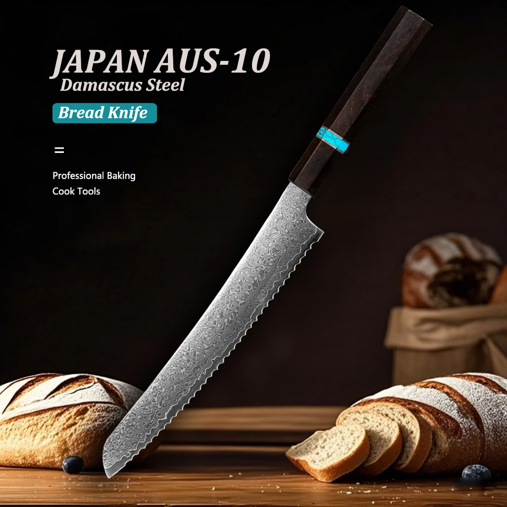 

8.5 Inches Damascus Bread Knife Cheese Cake Baking Serrated Knives Japanese Kitchen Chef Knives