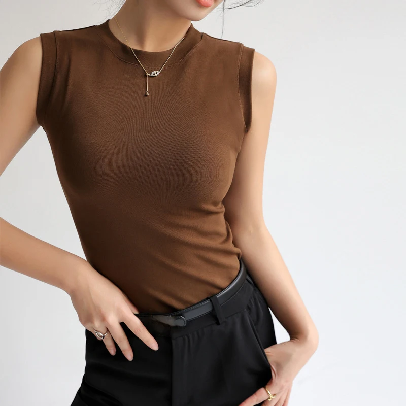 Temperament Round Collar Sleeveless Vest Women Fashion All-Match Soft Elastic Pullovers Tank Top Spring Thin Casual Undershirt