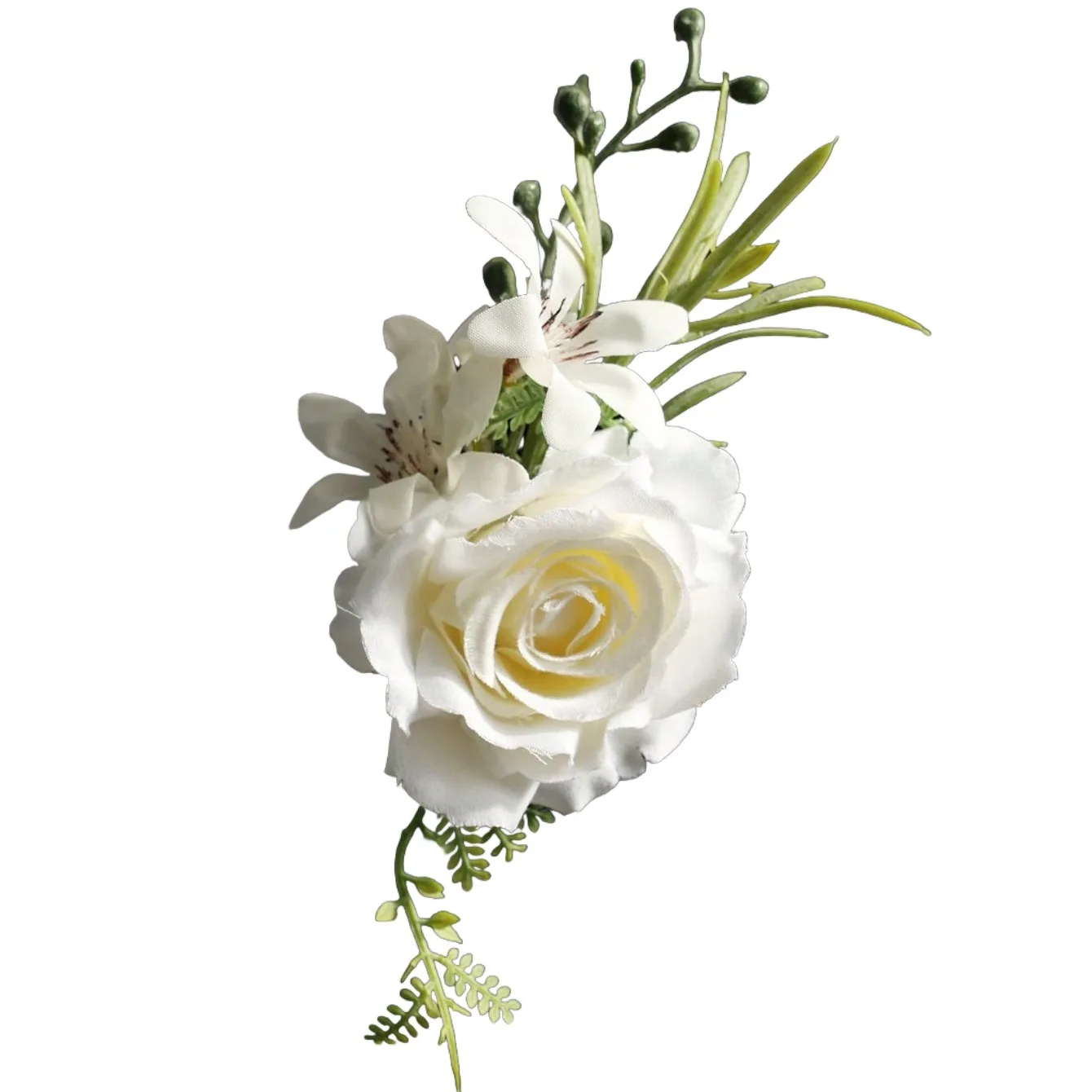 Rose Allen blanche avec petites fleurs blanches, baies vertes, beaux seins, adaptée aux mariages de mariée et de marié