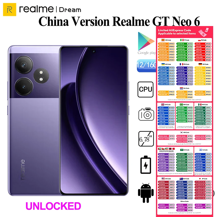 Original Realme GT Neo 6 Unlocked Sim Network Region Snapdragon 8S Gen 3  120W Supervooc 50MP IMX882 6.78Inch 120Hz  NFC  OTA