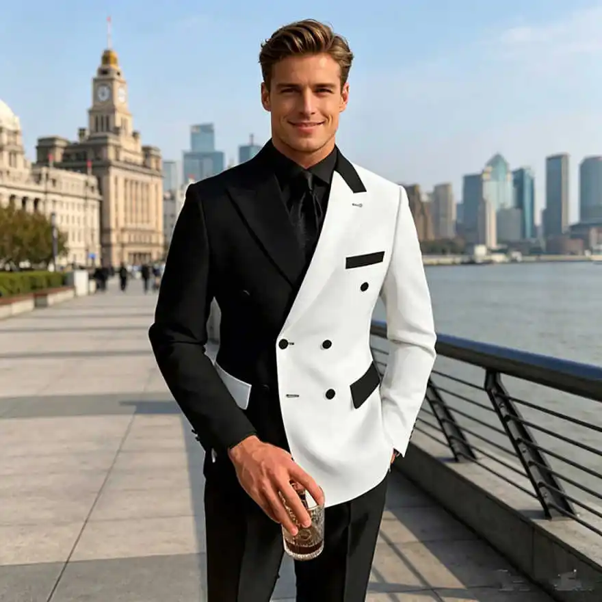 Modern Splice Mens Suits 2 Piece Blazer Pants Double Breasted Peaked Lapel Formal Occasion Party Banquet Customized