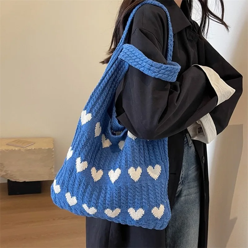 Heart Knitted Women\'s Bag Knit Eco Bag Korean Foldable Shopper Y2K Crochet Rope Shoulder Bag Sweet Knitting Handbag Ins Tote Bag