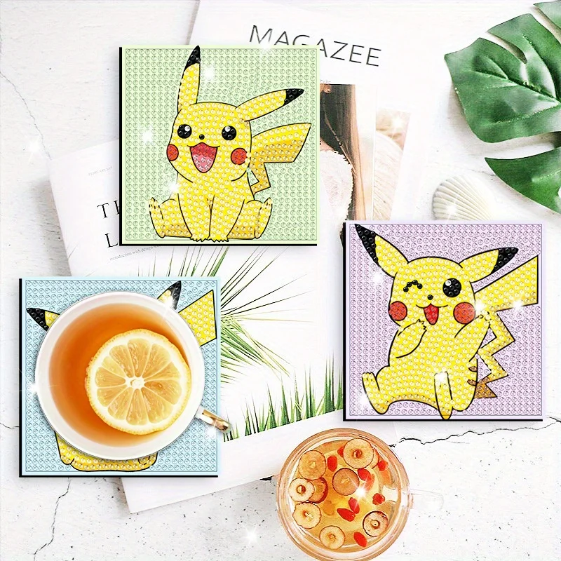 6/8/9/12pcs DIY Pokémon Diamond Painting Cousters Cute Cartoon Rhinestones Art Mosaic Cup Pad Table Placemat Home Decor Gift