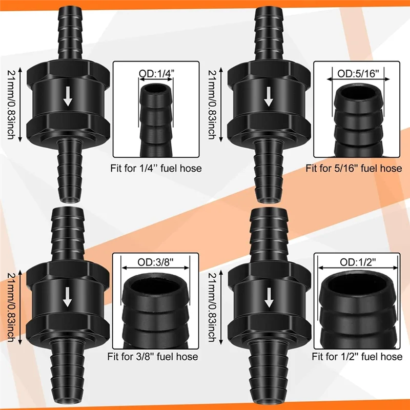 AEE8-1/4 인치 5/16 인치 3/8 인치 1/2 인치 연료 역류 방지 인라인 편도 체크 밸브 가솔린에 적합 (4 개 검정색)