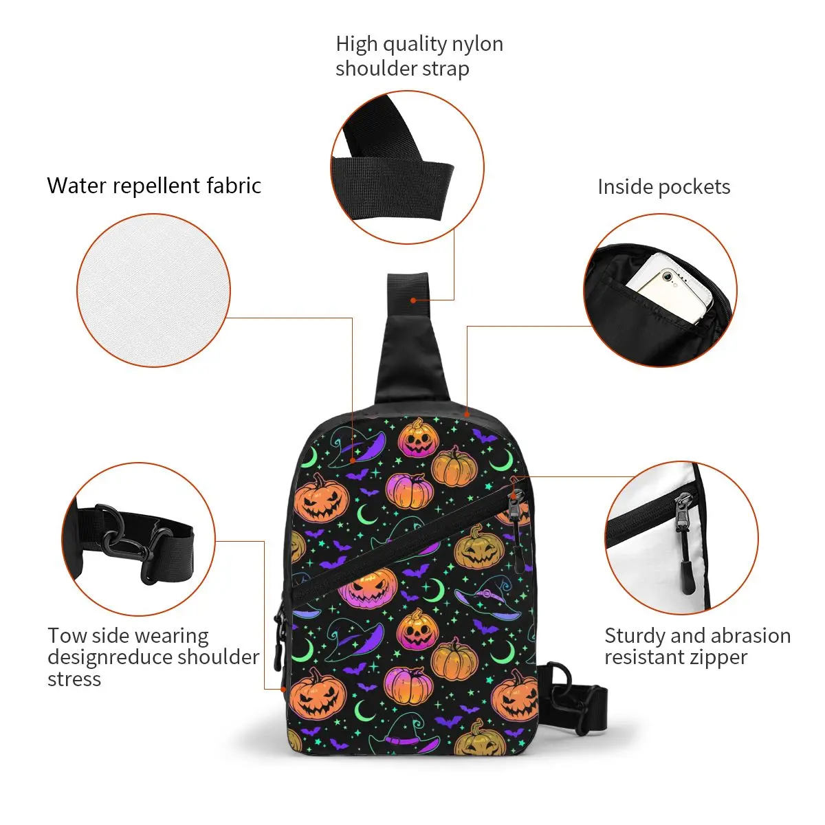 Custom Cool Halloween Witch Pumpkin Bats Magic Mysterious Horror Crossbody Sling Backpack Men Shoulder Chest Bags Camping Biking