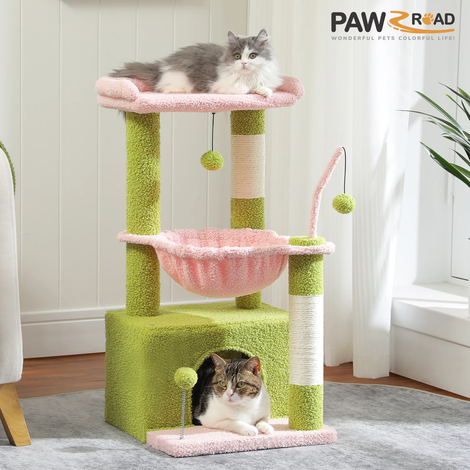 

Multi-Level Cat Tower, Small Cat Tree for Indoor with Large Cat Condo, Deep Hammock, Cozy Top Perch, Scratching Post for Cats