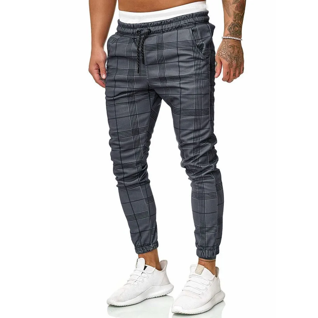 

Long Sport Men Casual Pants Slim Fit Plaid Man Trousers Y2k Clothes Running Joggers Sweatpants Gym Work Pantalones Streetwear