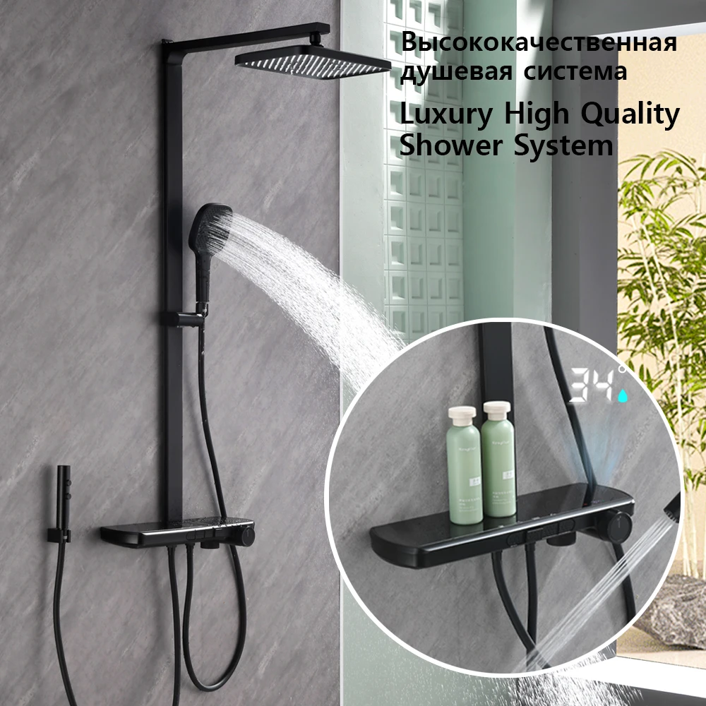 

Matte Black Shower System Smart Display Bathroom Waterfall Shower Faucet Bathtub Rain Hot Cold Mixer Thermostat LED Shower Set