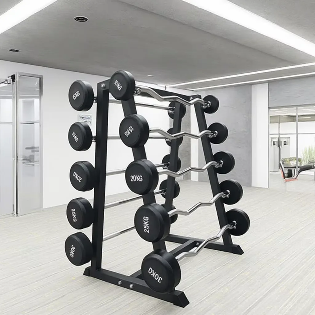 Factory Wholesale Gym Straight and Curved bar Rubber   Barbell Bar Set and Five Layer Barbell Rack