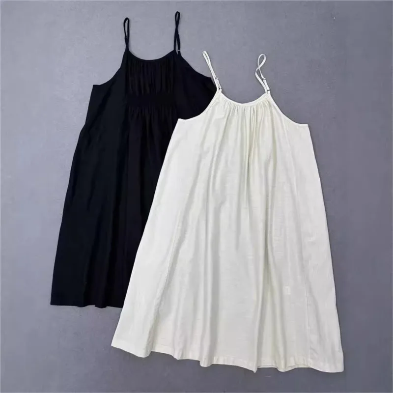 Johnature 2024 Autumn New Shirred Cotton Linen Slip Dress Japanese Literary Versatile Casual Loose Sleeveless Render Dress