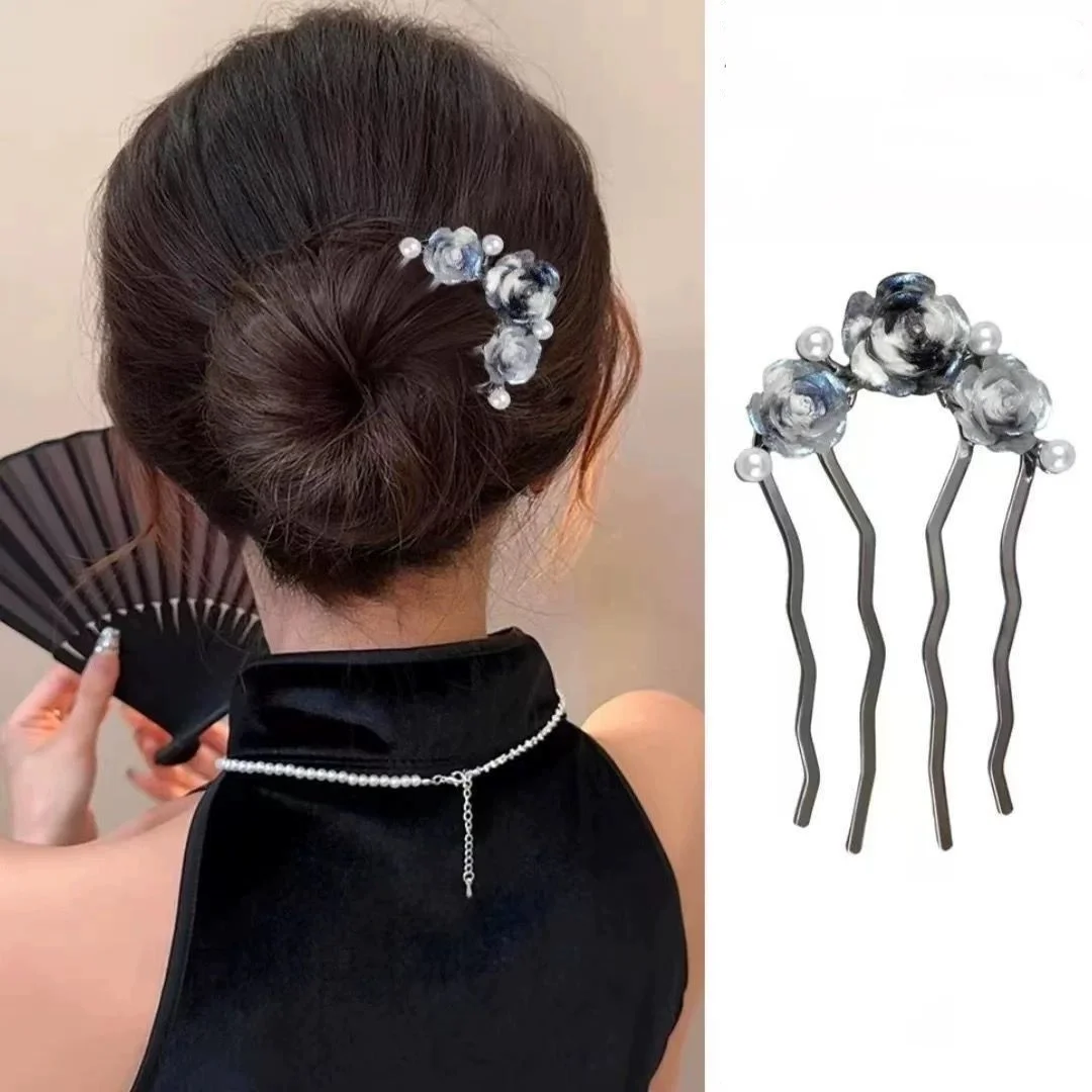 Peineta para el Cabello con Diseño de Flor de Rosa Estilo Chino, Peineta en Forma de U, Horquilla Antigua para Moño en la Parte Trasera de la Cabeza, un Elegante Accesorio para el Cabello