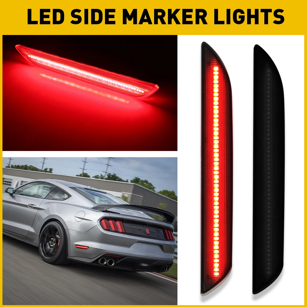 2Pcs Red Rear LED Side Marker Lights Smoked Lens Left&Right Lamps Replacements Assembly for Ford Mustang 2015-2022 Shelby GT350