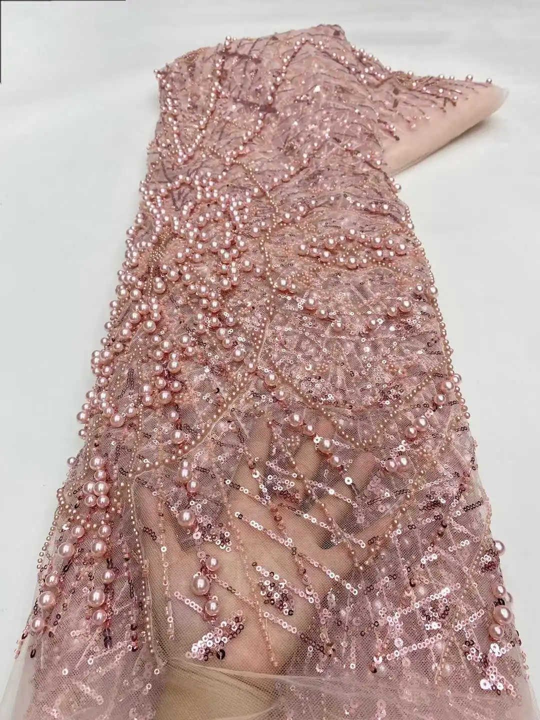 African Heavy Beaded Lace Fabric 2026 High Quality Lace Nigeria Sequins French Tulle Lace Fabric Material For Wedding