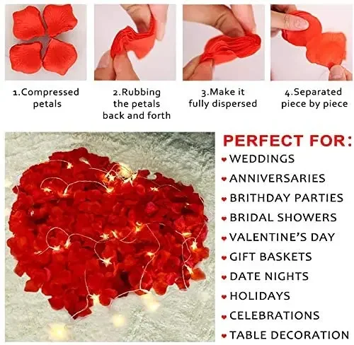 1000pcs Rose Petals Red Silk Petal Flower for Wedding Romantic Night Party Decoration and Valentine's Day Event Party Decoration