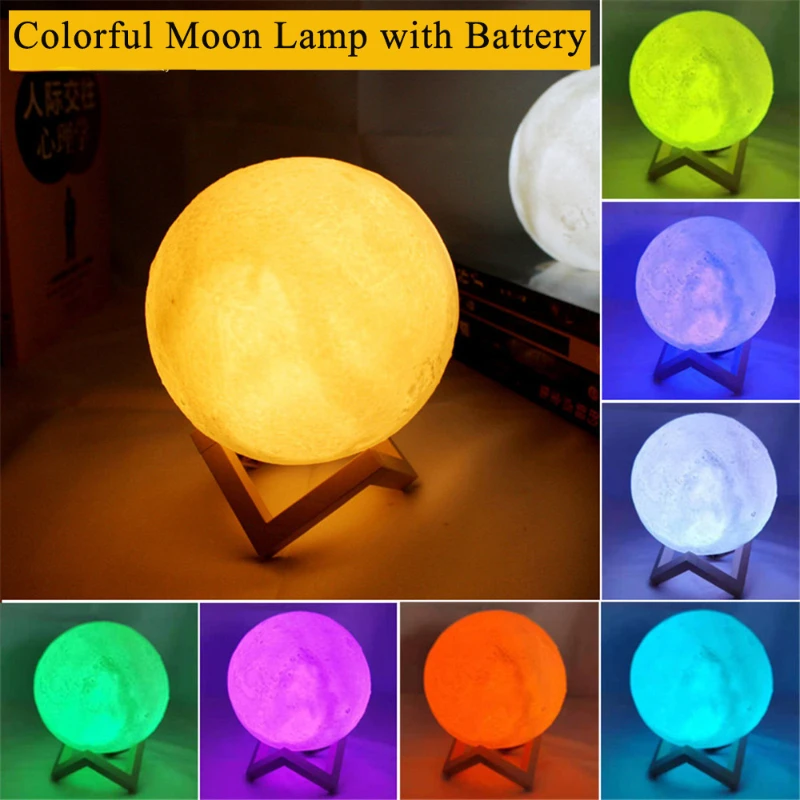 Lámpara LED de luna con estampado 3D, luz nocturna con soporte, 8CM/12CM/15CM, alimentado por batería, 7 colores cambiantes, decoración del hogar para niños