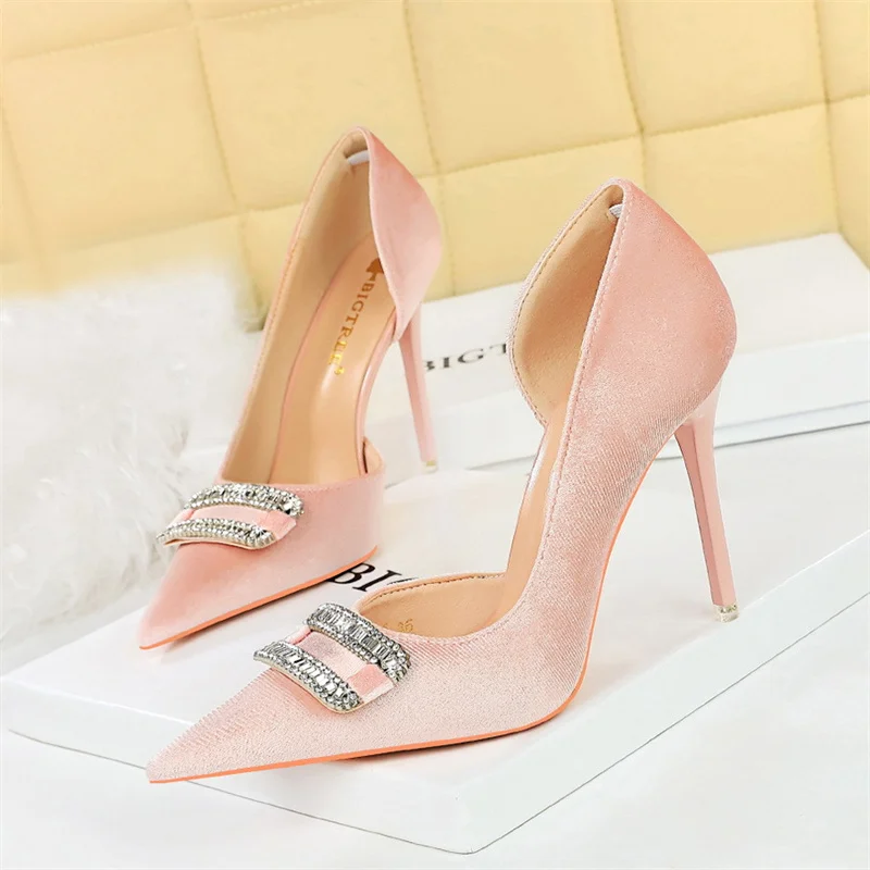 Women Velvet High Heels Pumps Buckle Pointed Toe Side Hollow Rhinestone Purple Green Pink Crystal Shallow Party Shoes