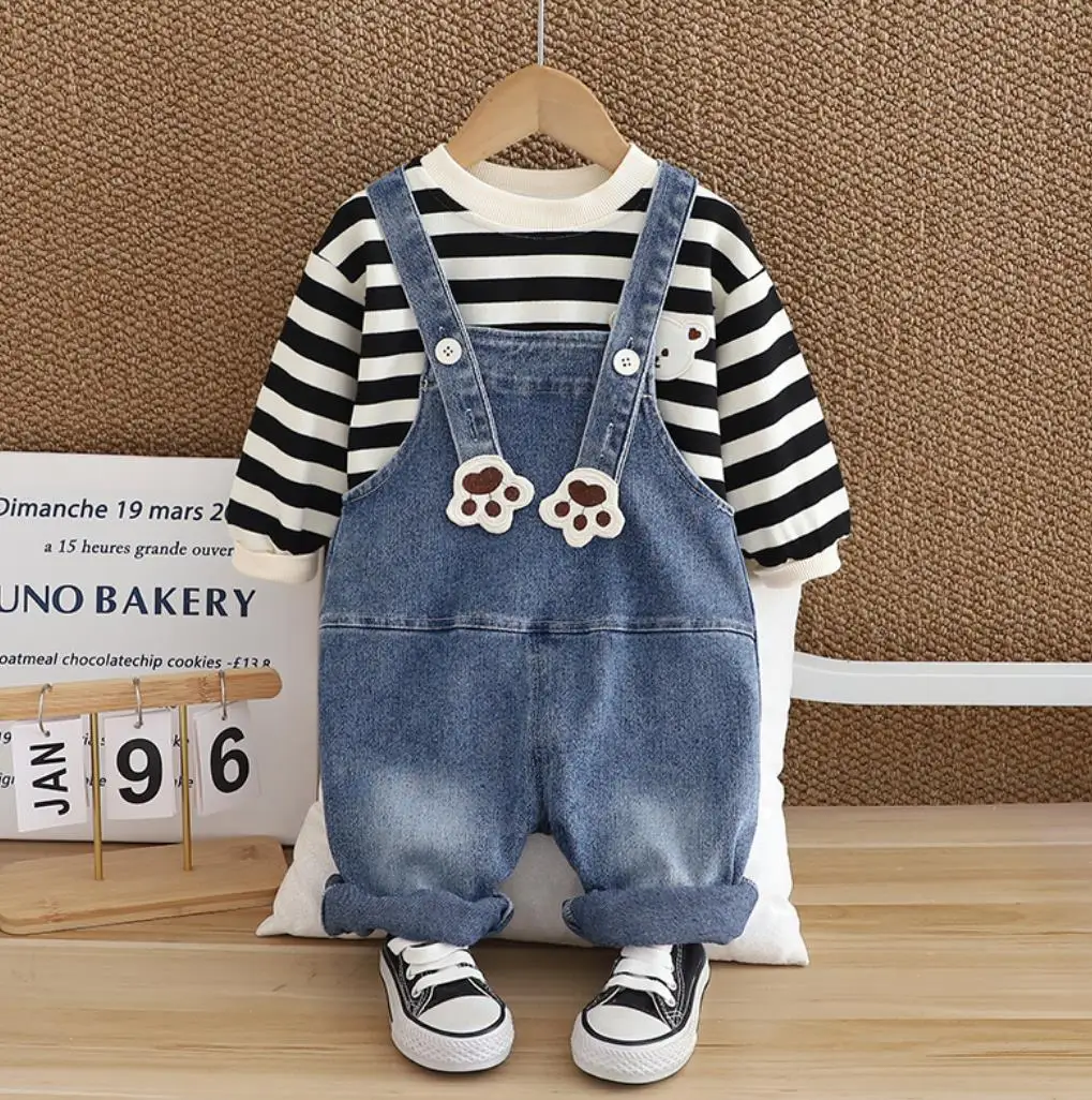 

Designer Baby Boys Clothes Korean Style Striped Long Sleeves Shirts And Cartoon Overalls 2Pcs Infant Outfits Kids Bebes Set