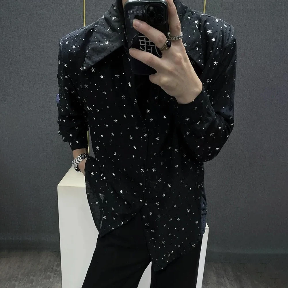 Mens Shirts Night Sky Print Shirts Summer Streetwear Light Breathable Campus Performance Long Sleeve Tops Men'S Clothing 2024