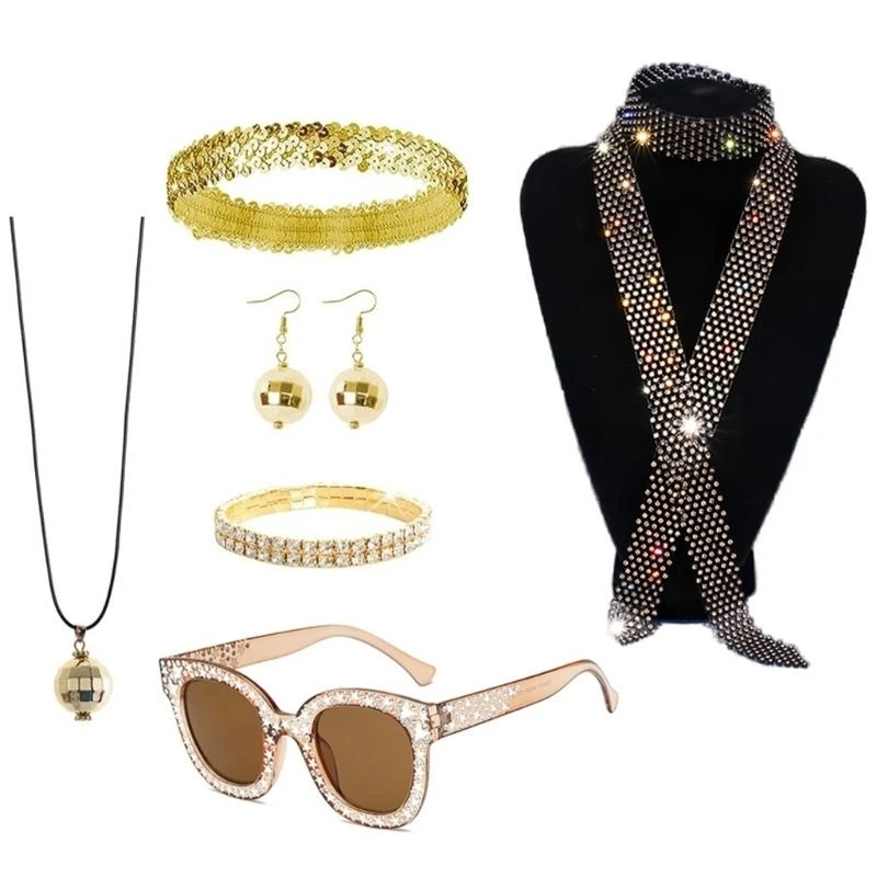 7Pcs/Set Women Cosplay 1980s Rockstars Cool Outfits Accessories Ball Party Costume Dress Up Props for Adults Teenagers Kids