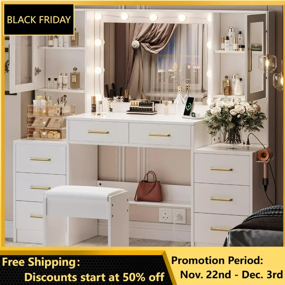 

58.3" Large Vanity Desk with Mirror & Lights, 8 Metal Sliding Drawers & 2 Cabinets, White Vanity Set with Stool & Power Outlet