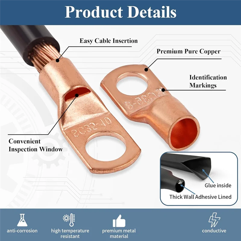 ABFI Terminales de alambre de cobre 130 piezas, AWG 2 4 6 8 10 12 Kit surtido de conectores de extremos de cable de batería de calibre automotriz para marina