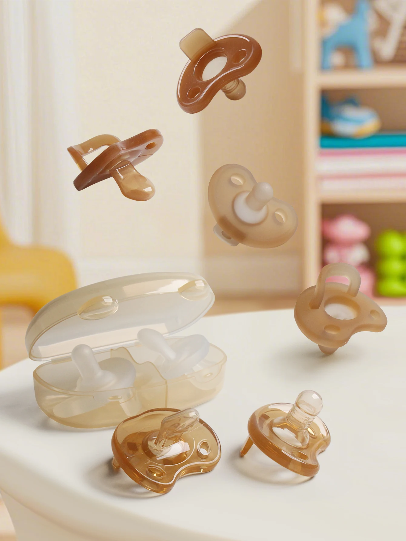 

Baby Silicone Pacifier Set Day and Night with Cute Bear Storage Box Brown pure color one-piece mold pacifiers Soother Set frost