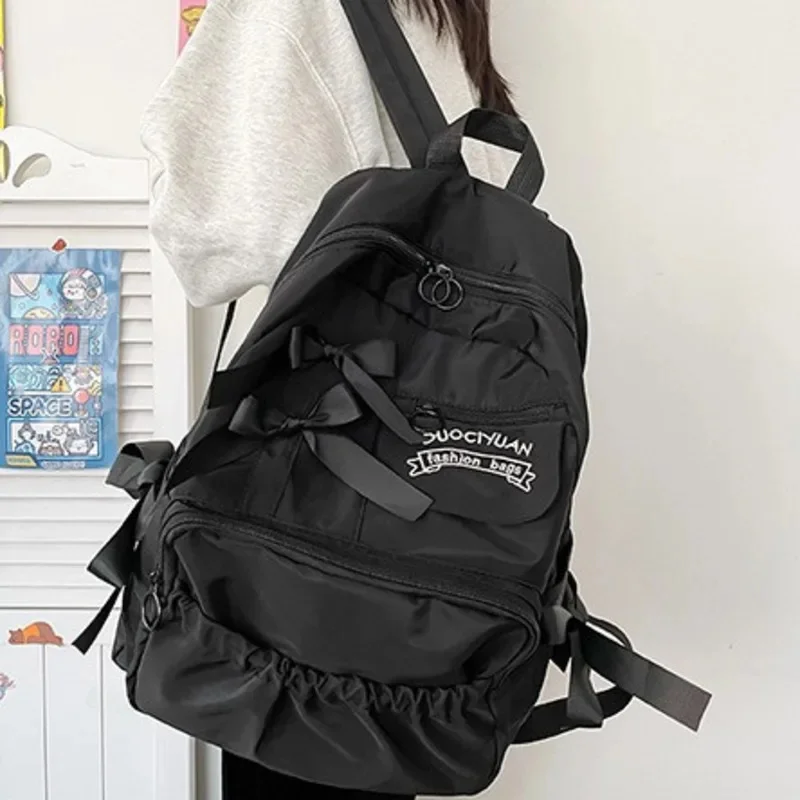 Y2K Bow Oxford Backpacks Korean Waterproof Lightweight Cute Blocking Bag Simple Casual Pleated Student High Capacity Backpacks