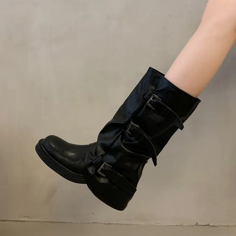 Runde Lederriemen-Schnallenstiefel für Damen - Frühjahr/Herbst neuer Stil, Retro schwarze Denim-Stiefel, Ritterstiefel, schlanke halbhohe Stiefel – Detail 9