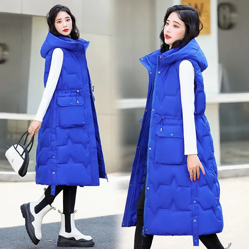 

New Autumn Winter Women's Hooded Down Cotton Waistcoat loose Long Warm Cotton Vest Coat Female Sleeveless Padded Vests Overcoat