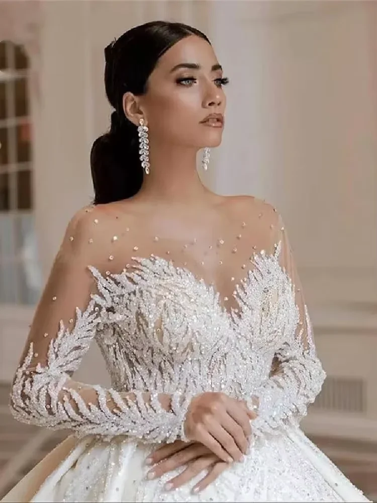 Flavinke Customized Long Sleeve Wedding Dresses Sweetheart Beaded Backless A-Line Princess Bride Gown Plus Size Vestido de Noiva