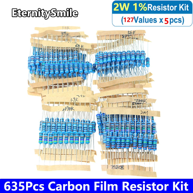 

635Pcs/Pack 2W Metal Film Resistor Assortment Kit Set 1% 127 Value*5Pcs Resistors Kit 1R-910R-820K-1Mohm Color Ring Resistance