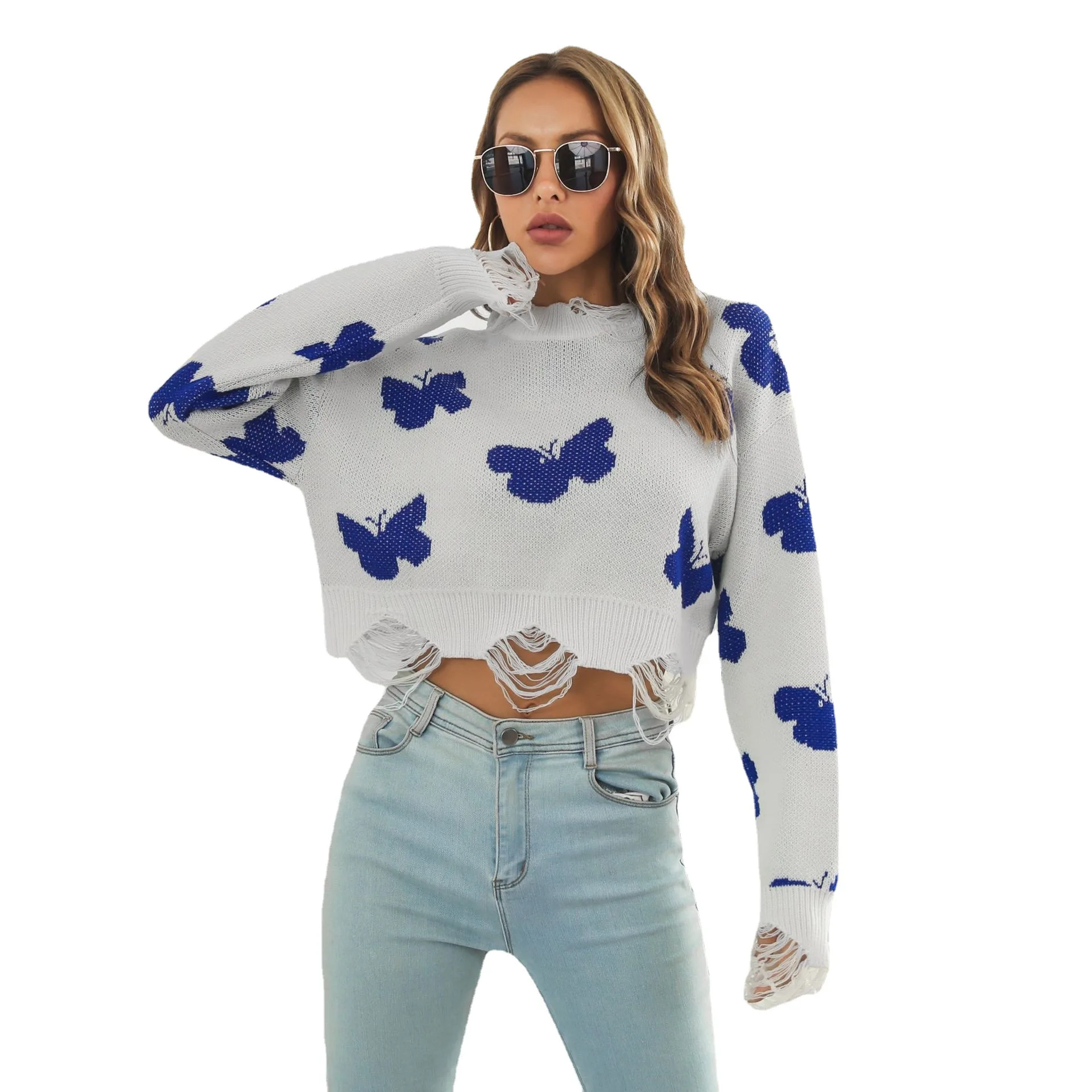 

Casual Women's Clothing SweatersJumpers Pullovers O -Neck Poid Butterfly Tister Short Sweater Women's Autumn Winter Long Sleeved