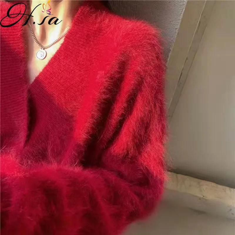 Hsa 2022 Women Spring Knitwear Sweater Jumpers Mohair V-neck Mink Fur Sweater Pullover Korean Solid Fake Fur Chic Sweater Coat