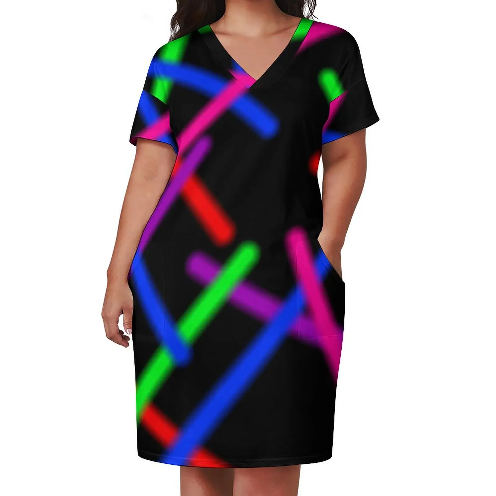 1980s Rainbow Neon Glowing Laser Beams, Single Image Version Loose Pocket Dress cute dress dress women summer