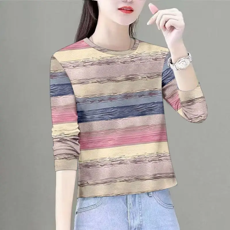 

Retro Rainbow Stripes Long Sleeve round Neck T-Shirt Women's Maternity Fashionable Top Polyester Fiber Casual Style