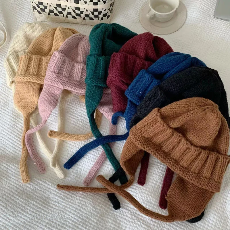 2023 Korea Ins Long Tied Rope Beanies Hat with Earflaps Japanese Outdoor Warm Winter Hat for Women Streetwear Party Funny Hat
