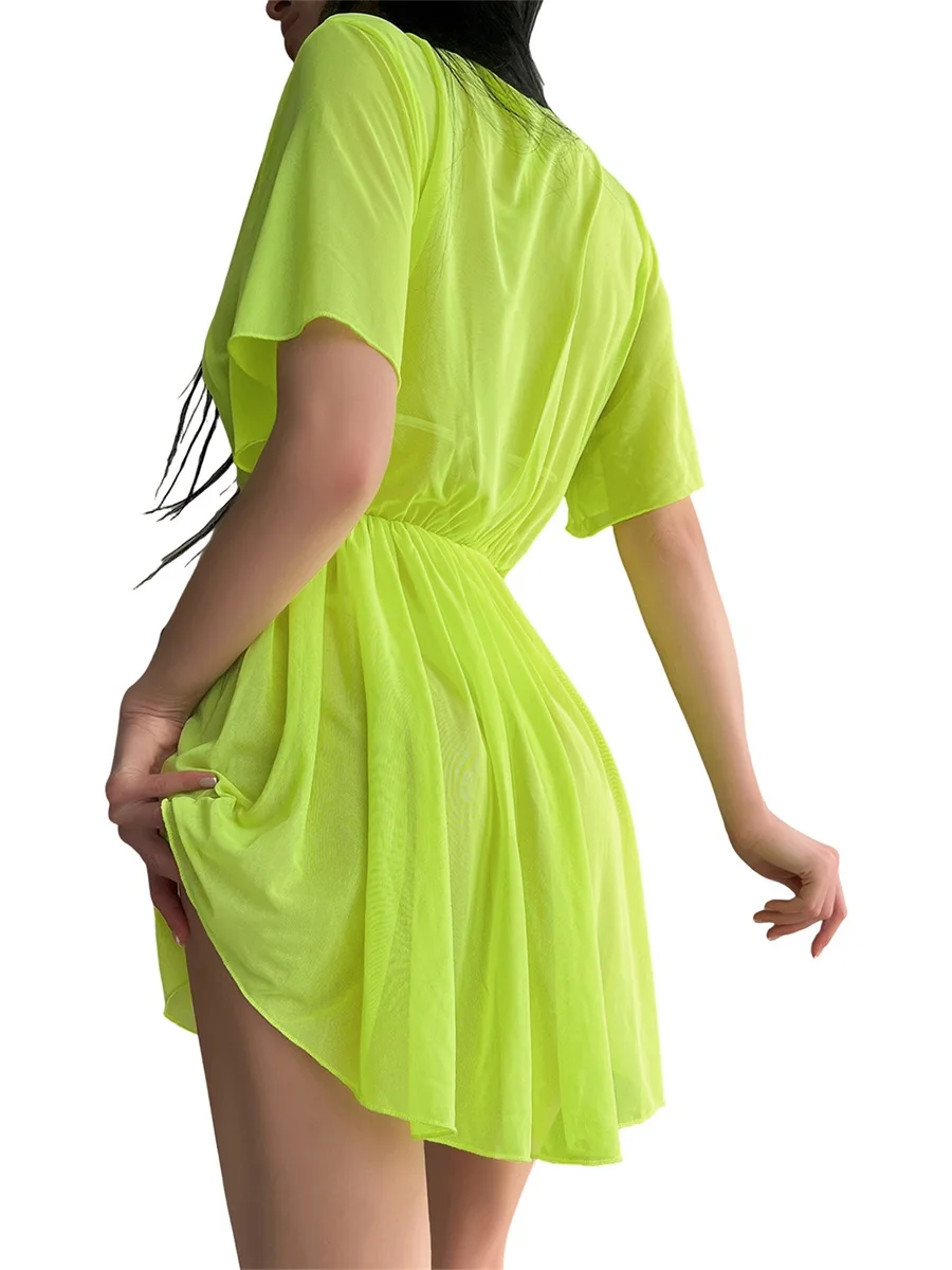 Women Swimwear Cover-up Dress, Short Sleeve V-Neck See-through Pleated Summer Beach Sunscreen Dress