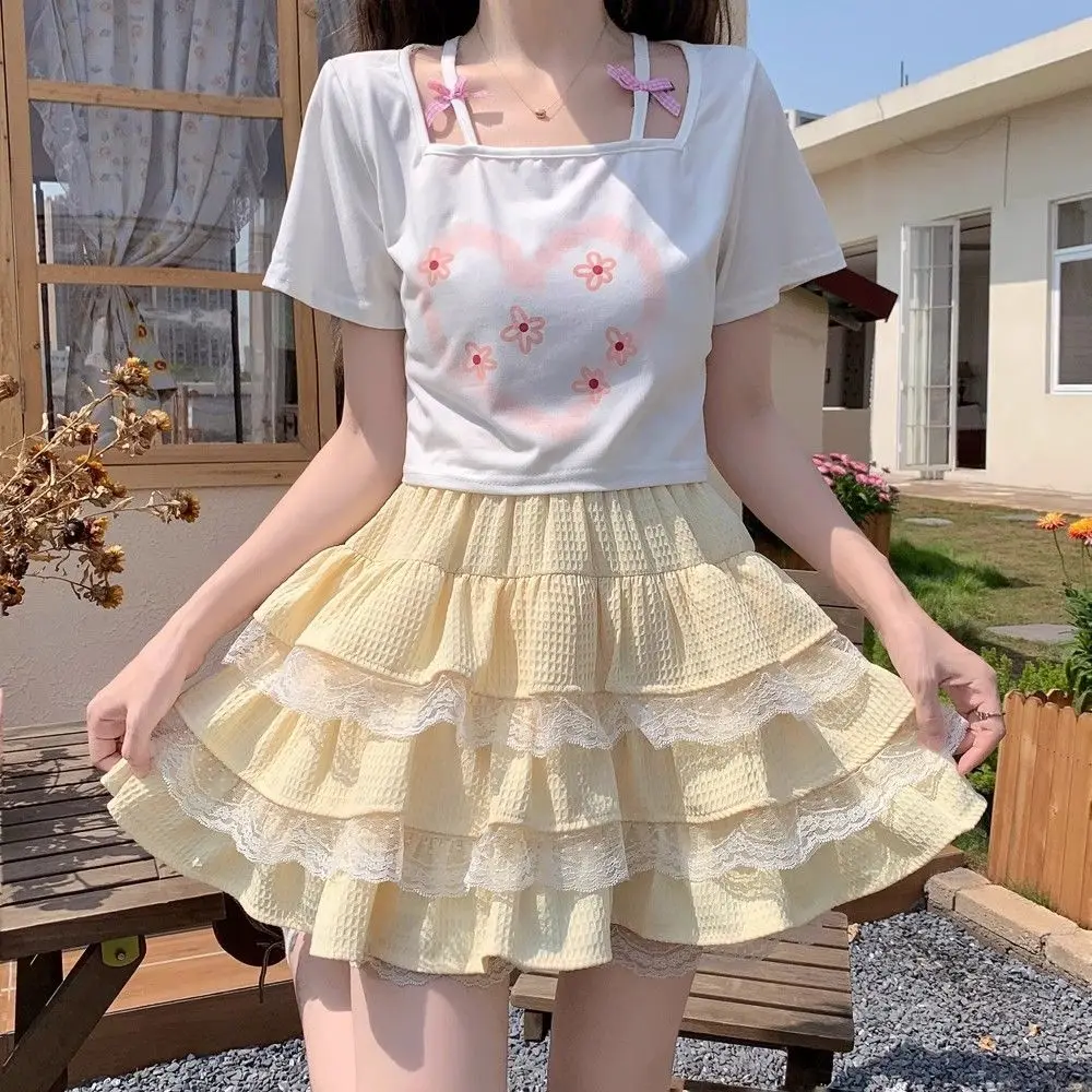 KUSAHIKI Sweet Girl Style Women's Summer Short Lace Cake Skirt High Waist Pleated A-line Fluffy Short Skirts Mujer