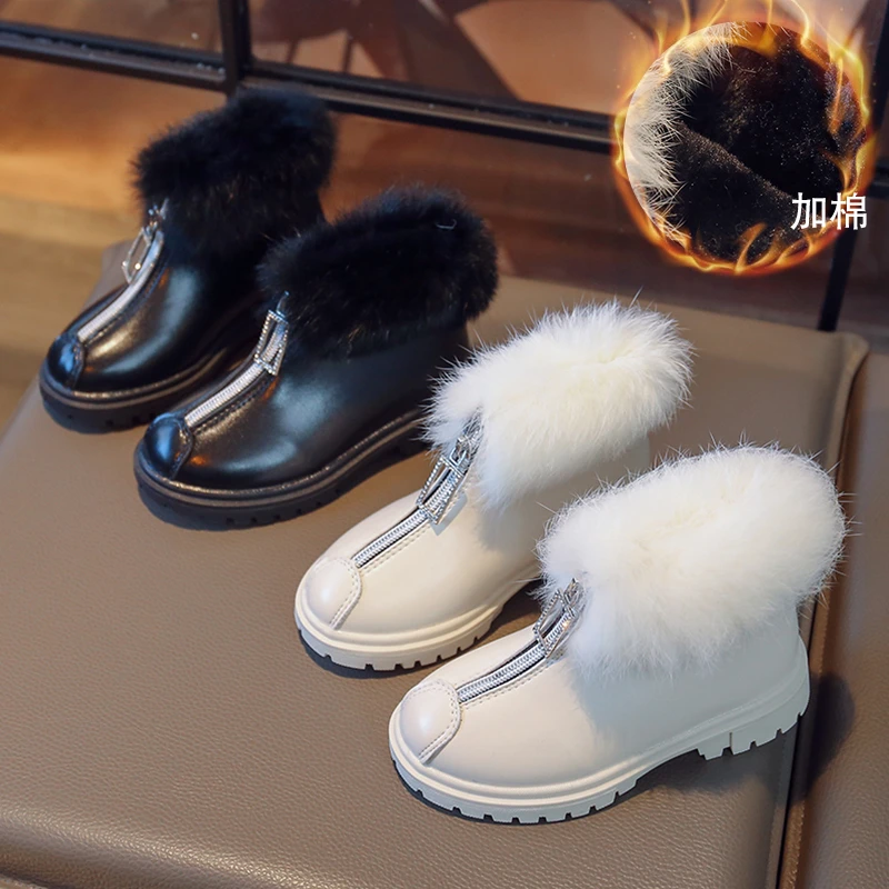 Girls Winter Boots Brand New Children Ankle Boots Warm Fluffy Plush Fur Thick Kid Snow Boots Front Zipper Fashion Princess Chic